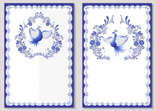 Set of decorative templates for greeting card or invitations with ornaments in the style of traditional porcelain painting. Blue pattern with flowers and birds on white background.