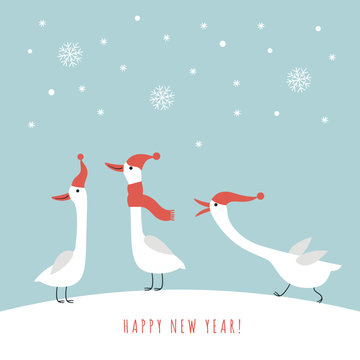 Three cute geese in red hats and scarves in winter, vector illustration, christmas and new year card