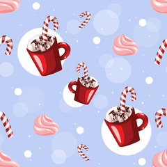 Hot chocolate seamless pattern. Hot drinks Christmas background with red cup of coffee marshmallow and caramel cane