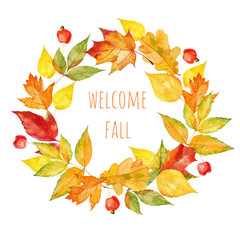 Hand drawn watercolor leaves wreath. Autumnal leaves frame illustration