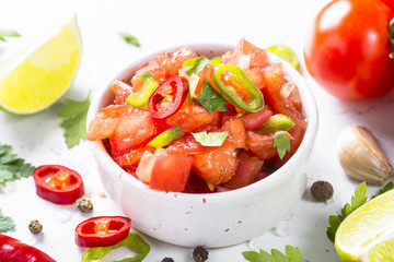 Traditional Latin American mexican salsa sauce and ingredients o
