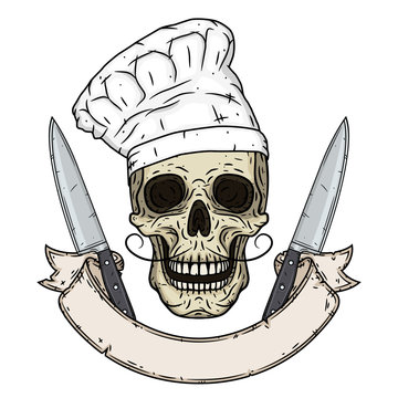 Skull in a chef hat. Cartoon skull. Chef skull with ribbon for your text.