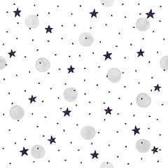 Watercolor texture in grey colors. Hand drawn seamless abstract background for print on fabric or wrapping paper. Watercolor spots with black stars and dots isolated on white background.