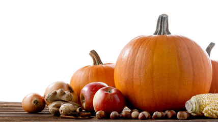 Autumn harvest on wooden table
