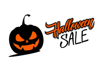 Halloween Sale hand drawn lettering with scary pumpkin. Creative elements for holiday shopping, business, promotion and advertising. Vector illustration.