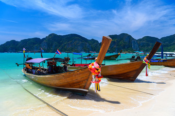 Long tail boats on tropical beach, Phi Phi Don island, Andaman s