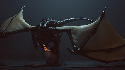 Large Winged Black Dragon with Glowing Eyes and Breathing Smoke and Embers 3d illustration 3d render  © paul