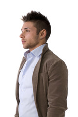 Handsome young man portrait, standing isolated on white, profile position