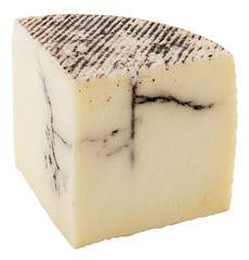 Piece of homemade goat cheese isolated on white.