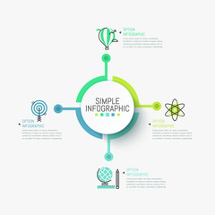 Minimalistic infographic design layout. Central round element connected with four colorful icons and text boxes. Goals of scientific research concept. Vector illustration for report, presentation.
