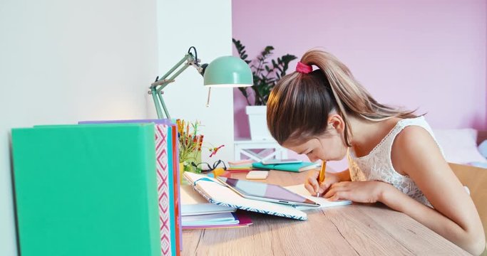 Smiling girl writing in notebook, doing homework
