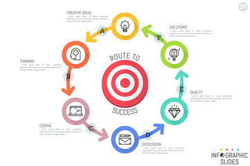 Infographic design template. Round diagram with six bright circular elements connected by arrows and placed around target. Goal setting, aim achievement concept. Vector illustration for website.