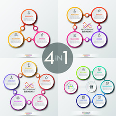 Set of four creative infographic design layouts with 3, 4, 5 and 6 connected circular elements, icons and text boxes. Business development strategy qualities. Vector illustration for website, banner.