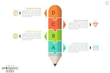 Jigsaw puzzle in shape of pencil divided into 4 parts. Minimal infographic design layout. Study, education and learning concept. Vector illustration for website, presentation, report, brochure, ad.