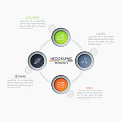 Naklejka na ściany i meble Circular diagram with 4 connected round elements, pictograms and text boxes. Steps of production process cycle concept. Modern infographic design template. Vector illustration for brochure, report.