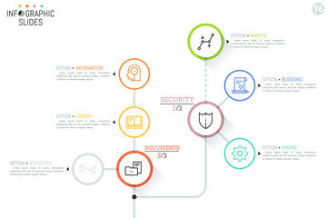 Workflow chart with round elements, icons and text boxes connected by lines. Task completion process visualization concept. Minimal infographic design layout. Vector illustration for website, report.