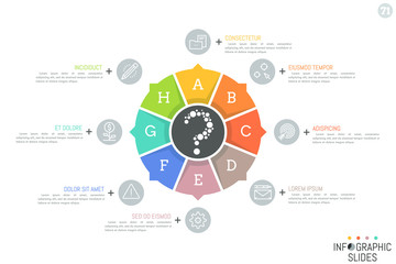 Round chart divided into 8 lettered sectors with arrows pointing at thin line pictograms and text boxes. Minimalistic infographic design template. Vector illustration for brochure, presentation.