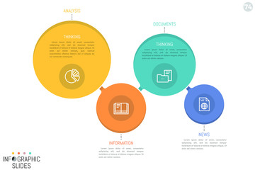 Four connected circular elements of different size and color with icons and text boxes. Features of services provided by company. Minimal infographic design layout. Vector illustration for report.