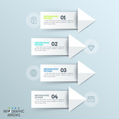Four paper white numbered arrows pointing at thin line icons. Minimalistic infographic design template. 4 directions of business development concept. Vector illustration for brochure, banner, report.