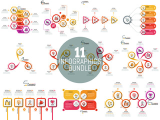 Fototapeta premium Big bundle of minimal infographic templates, diagrams and charts. Circular and polygonal elements with linear icons and text boxes. Vector illustration for presentation, report, website, brochure.