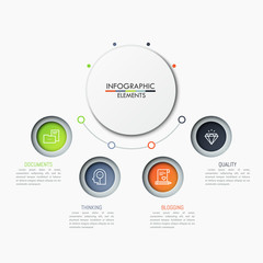 4 colorful circles with pictograms and text boxes placed in semicircle way around main element. Website menu concept. Elegant infographic design layout. Vector illustration for presentation, report.