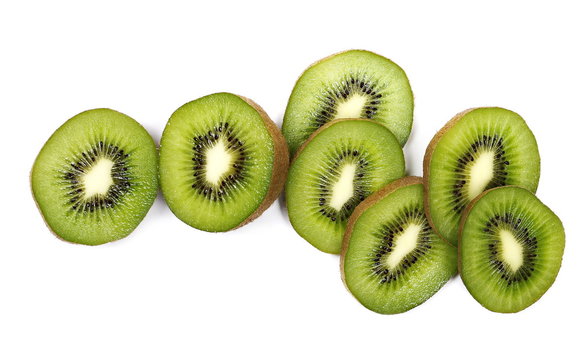 Kiwi fruit slices isolated on white background, top view