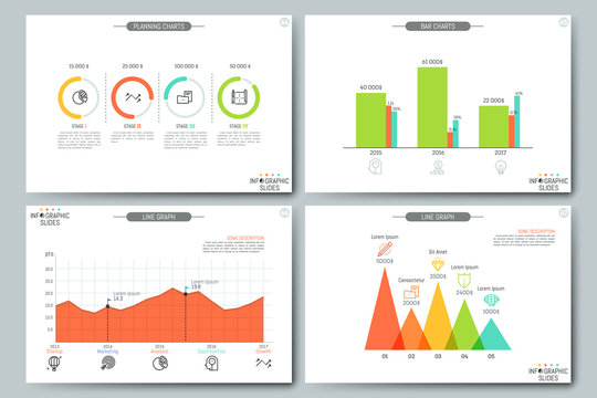Financial data visualization concept. Pages with diagram, line graph and planning chart elements. Simple infographic brochure layout. Vector illustration for presentation, statistics report, website.