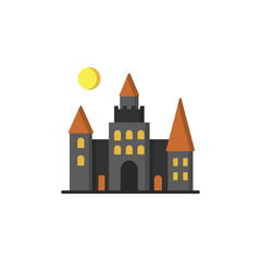 Dracula s Castle icon. Isolated on white background. Halloween castle with orange windows and moon over it. Design element for Halloween. Vector illustration in flat style for your design.