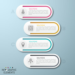 4 separate rounded elements placed one under other with thin line pictograms and text boxes inside. List with four options concept. Modern infographic design template. Vector illustration for report.