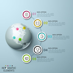 5 multicolored circular elements, icons inside and numbered text boxes placed in semicircle way around globe with map pins of corresponding color. Infographic design layout. Vector illustration.