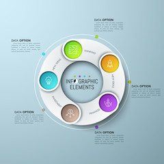 Ring-shaped chart with 5 overlapping elements, thin line pictograms and text boxes. Five successive steps of of idea creation and realization concept. Infographic design layout. Vector illustration.