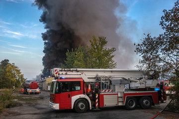 Fire truck during fire fighting operation, Szczecin, Poland
