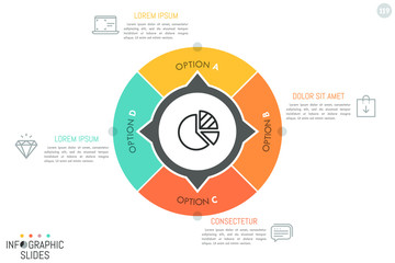 Circular pie chart divided into 4 sectors with arrows pointing at text boxes and linear icons. Minimal infographic design template. Four directions of company development concept. Vector illustration.