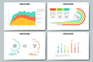 Minimal infographic brochure template. Pages with comparison diagram, line graph, bar progress and circular chart elements. Business data visualization concept. Vector illustration for presentation.
