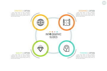 Round flowchart with 4 multicolored circular elements, linear icons inside and text boxes. Minimalistic infographic design layout. Production cycle concept. Vector illustration for report, banner.