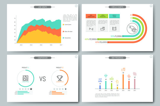 Minimal infographic brochure template. Pages with comparison diagram, line graph, bar progress and circular chart elements. Business data visualization concept. Vector illustration for presentation.
