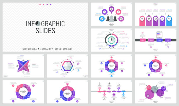 Big bundle of simple infographic design templates. Round charts divided into sectors, horizontal timelines, colorful diagrams with thin line icons and text boxes. Vector illustration for brochure.
