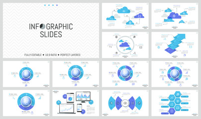 Huge set of minimal infographic design layouts. Round diagrams with jigsaw puzzle pieces placed around globe, charts on screens of devices, flowcharts. Vector illustration for presentation, brochure.