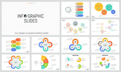 Fototapeta na wymiar Large bundle of minimal infographic design templates. Diagrams with multicolored round and sectoral elements, thin line icons and text boxes. Vector illustration for presentation, brochure, website.