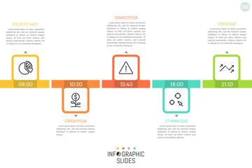Horizontal timeline with 5 steps placed chequerwise, time indication, linear icons and text boxes. Daily planner concept. Simple infographic design layout. Vector illustration for website, banner.