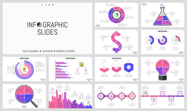 Set of minimal infographic design layouts. Pie and bar charts, jigsaw puzzle diagrams of different shapes, timelines, thin line icons and text boxes. Vector illustration for website, presentation.