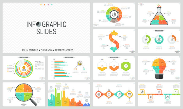 Set of minimal infographic design layouts. Pie and bar charts, jigsaw puzzle diagrams of different shapes, timelines, thin line icons and text boxes. Vector illustration for website, presentation.