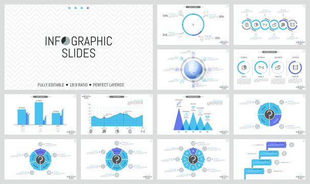 Big collection of simple infographic design layouts. Colorful bar charts, round diagrams with sectors, arrows and percentage indication. Vector illustration for presentation, report, banner, website.
