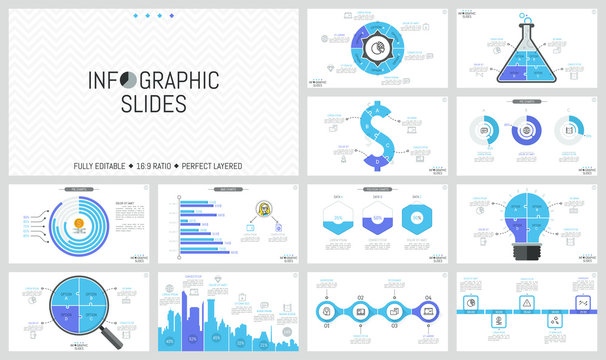 Set of minimal infographic design layouts. Pie and bar charts, jigsaw puzzle diagrams of different shapes, timelines, thin line icons and text boxes. Vector illustration for website, presentation.