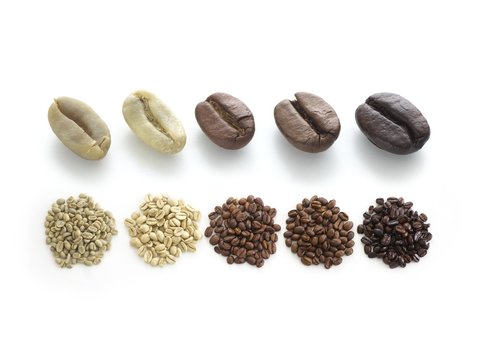 Raw, light, medium and dark roast coffee beans