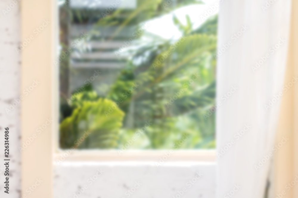 Aufkleber defocused window background with white curtains in morning time.