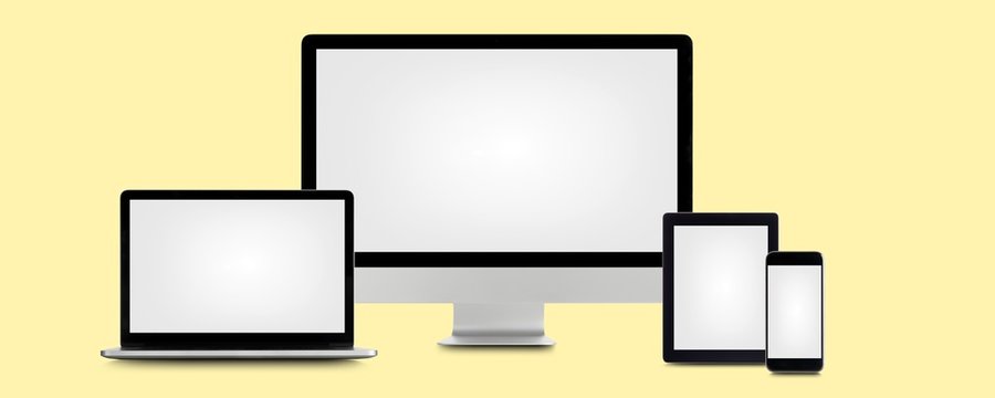 Blank digital device screens against a yellow background