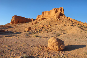 View on Bayanzag Flaming Cliffs  on the Mongolian Gobi desert containing fossils of jurassic...