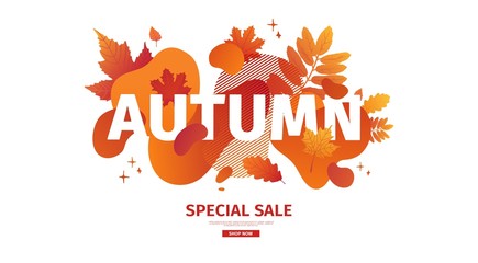 Horizontal abstract geometric design for autumn promotion. Fall offer banner with vector liquid form and decor maple leaf on background. Orange template graphic elements with fluid dynamic shape