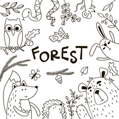 Background with doodles forest animals and space for text. Black and white vector template.